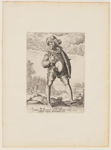 Soldier, Armed with Broadsword and Shield, from Officers and Soldiers of the Bodyguard of Emperor Rudolph II by Jacques de Gheyn II, print, 1587