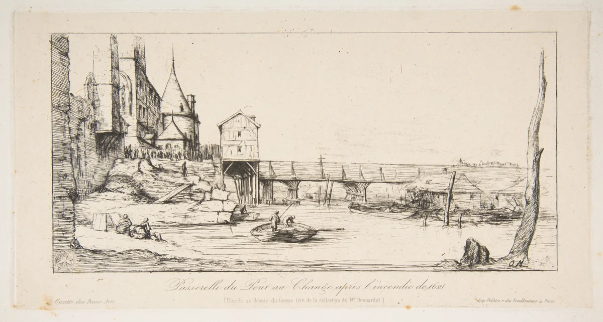 The footbridge temporarily replacing the Pont-au-Change, Paris, after the fire of 1621, after della Bella by Charles Meryon, print, 1860