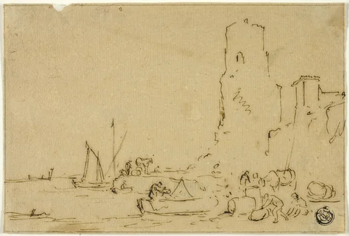 Fishermen Barreling Fish at Water's Edge by Thomas Wyck, drawing, 1636-1677