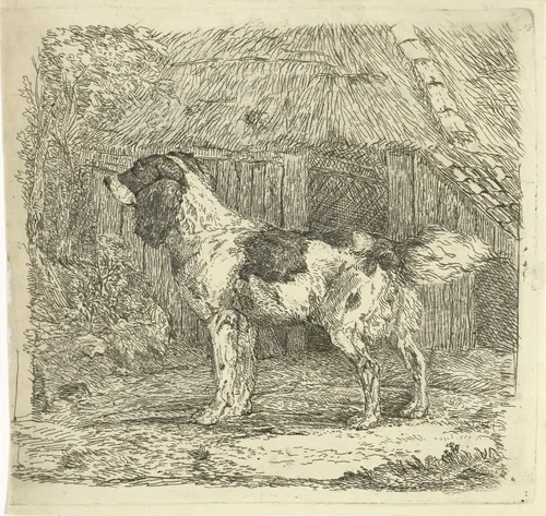 Hond staand bij hok by Jan Dasveldt, print, 1780-1855