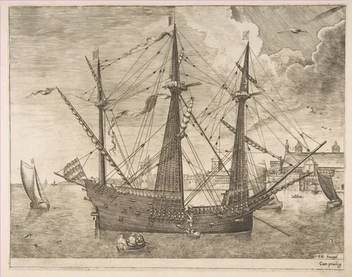 Armed Three-Master Anchored Near a City from The Sailing Vessels by Frans Huys, print, 1550-1560