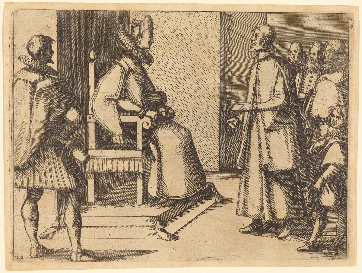 The Envoy of Tuscany thanking the Queen by Jacques Callot, print, 1612