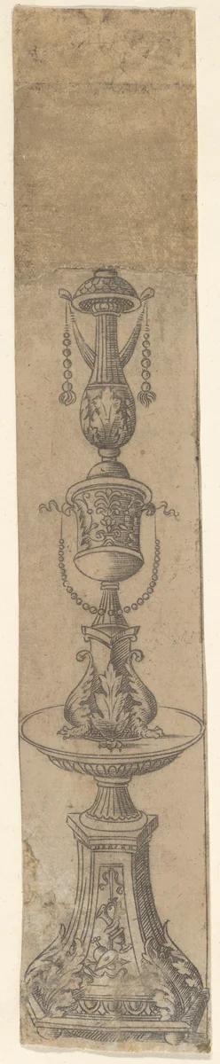 Decorative border panel with a candelabra ornamented with foliate designs, from Life of the Virgin and Christ by Francesco Rosselli, print, 1490-1500