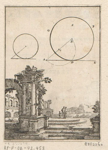 Uit een gegeven punt een rechte lijn trekken met onderaan een ruïne by Sébastien Leclerc, print, 1669