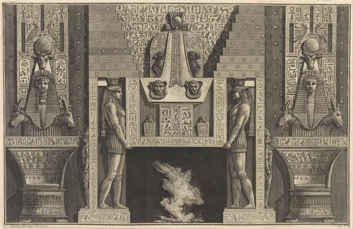 Chimneypiece in the Egyptian style: Giant figures supporting the lintel, flanked by chairs, from "Diverse Maniere d'adornare i cammini..." (Diverse Ways of ornamenting chimneypieces...) by Giovanni Battista Piranesi, print, 1769