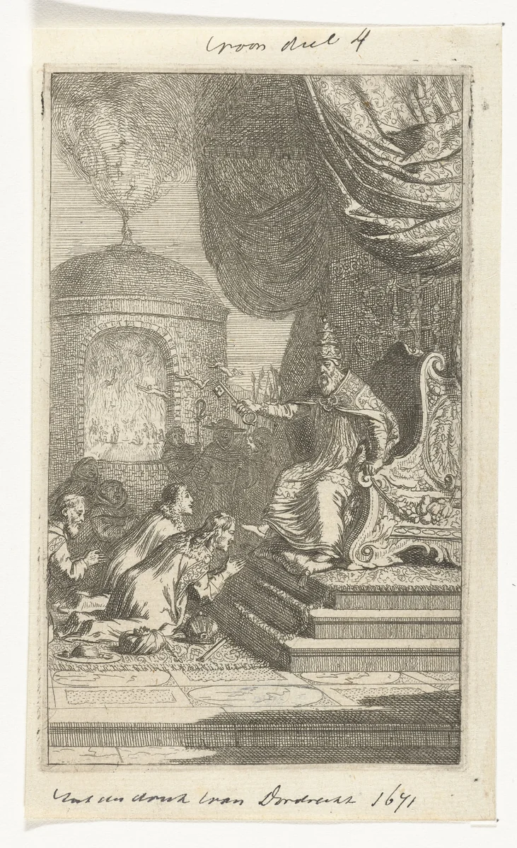 Wereldlijke vorsten geknield voor de paus by Samuel van Hoogstraten, print, 1648-1671