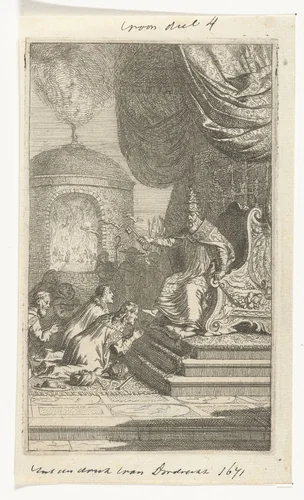 Wereldlijke vorsten geknield voor de paus by Samuel van Hoogstraten, print, 1648-1671