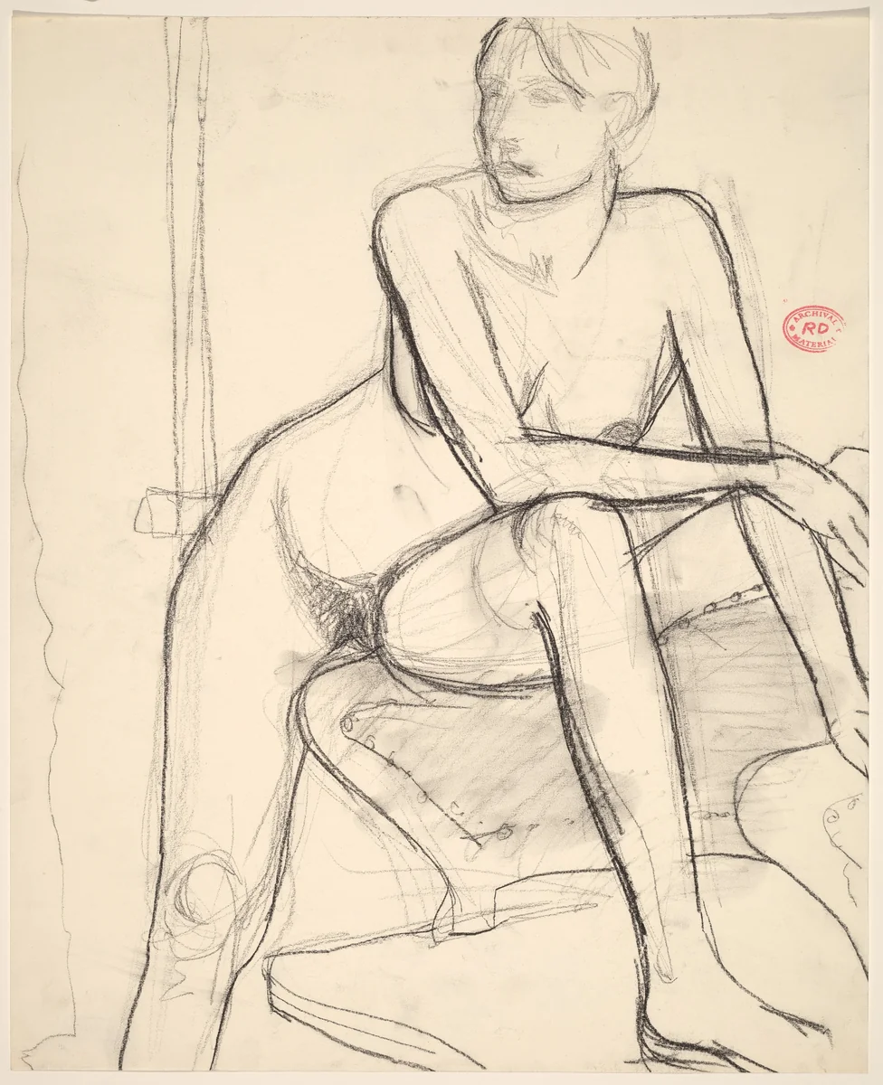 Untitled [nude with her left foot on a chair seat] by Richard Diebenkorn, drawing, 1955-1967