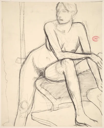 Untitled [nude with her left foot on a chair seat] by Richard Diebenkorn, drawing, 1955-1967