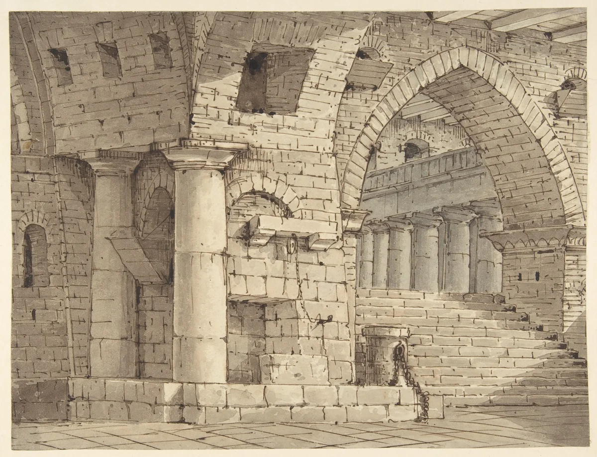 Design for a Stage Set Showing the Interior of a Fortress or Dungeon by Pietro di Gottardo Gonzaga, drawing, 1751-1831