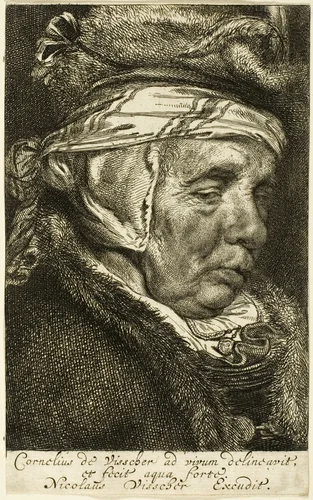 Head of an Old Woman (so-called portrait of Visscher's mother) by Cornelis Visscher, print, 1654-1692