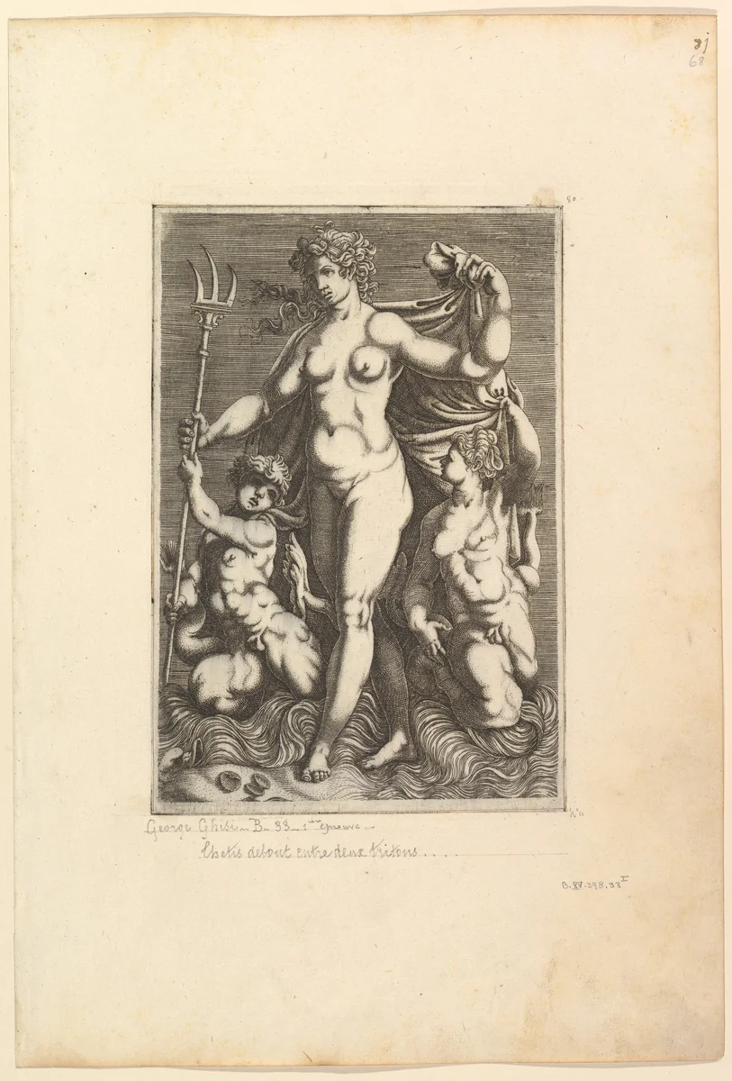 Thetis Standing with Two Tritons by anonymous, print, 1550-1600