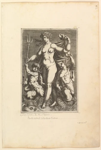 Thetis Standing with Two Tritons by anonymous, print, 1550-1600
