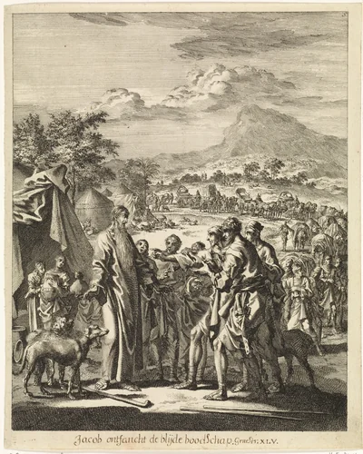 Jakob ontvangt de blijde boodschap by Jan Luyken, print, 1708