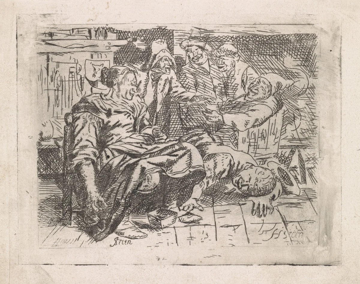 Herberg met lachend gezelschap by anonymous, print, 1635-1729