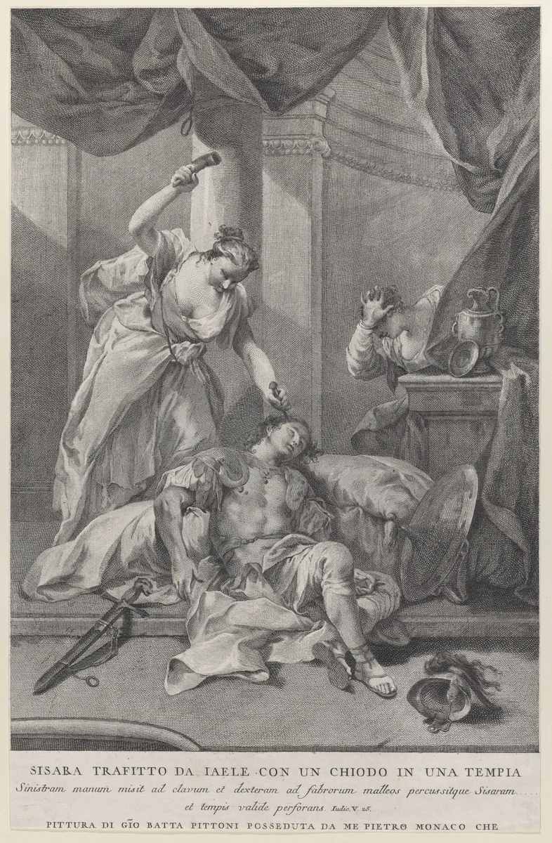 Jael hammering a tent peg into the temple of the sleeping Sisera, to the right a servant hides behind a curtain; from the series of 112 prints of the sacred history, after the painting by Giovanni Battista Pittoni by Pietro Monaco, print, 1725-1744