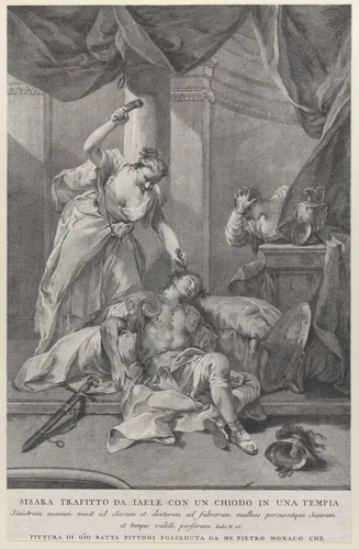 Jael hammering a tent peg into the temple of the sleeping Sisera, to the right a servant hides behind a curtain; from the series of 112 prints of the sacred history, after the painting by Giovanni Battista Pittoni by Pietro Monaco, print, 1725-1744