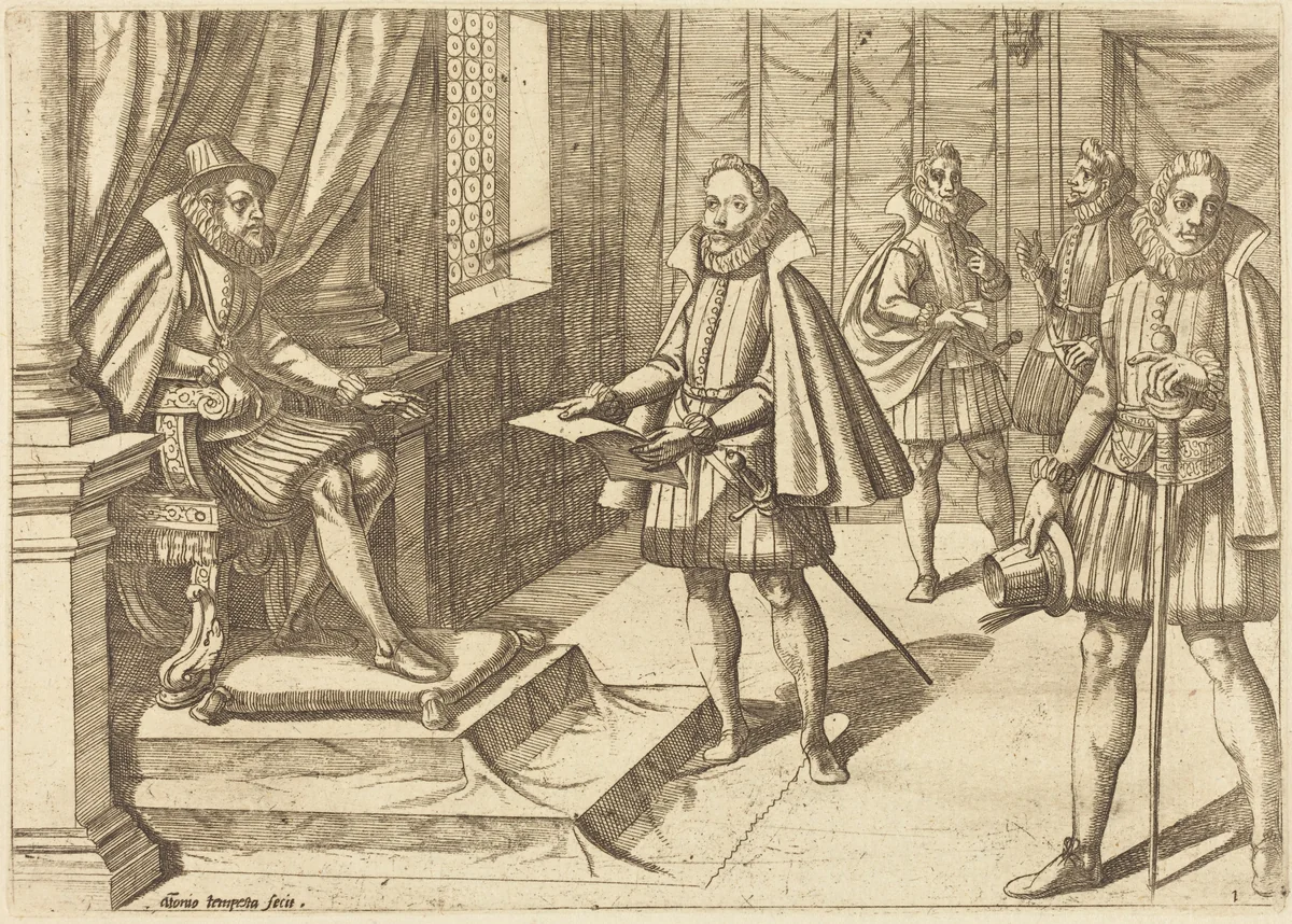 Philip II of Spain on His Throne by Antonio Tempesta, print, 1612