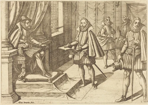 Philip II of Spain on His Throne by Antonio Tempesta, print, 1612