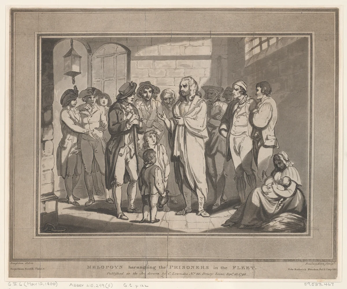Melopoyn haranguing the Prisoners in the Fleet by Thomas Rowlandson, print, 1792