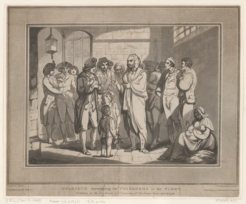 Melopoyn haranguing the Prisoners in the Fleet by Thomas Rowlandson, print, 1792