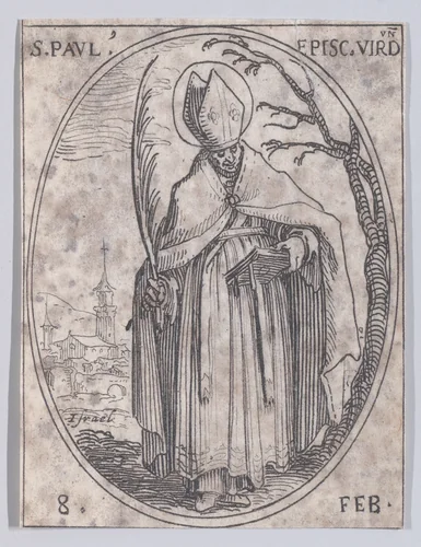S. Paul, évêque de Verdun (St. Paul, Bishop of Verdun), February 8th, from "Les Images De Tous Les Saincts et Saintes de L'Année" (Images of All of the Saints and Feast Days of the Year) by Jacques Callot, print, 1636