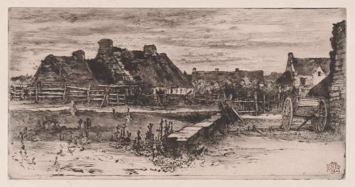 Large Thatched Cottages (Les Grandes Chaumières) by Félix Hilaire Buhot, print, 1860-1898