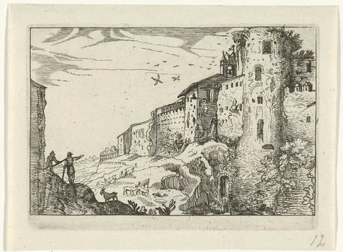 Landschap met Romeinse ruïne by anonymous, print, 1594-1685