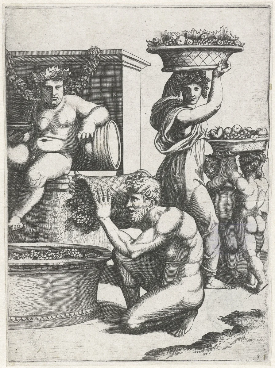 Bacchus kijkt toe hoe een man en vrouw en twee kinderen manden met druiven dragen voor de bereiding van wijn by anonymous, print, 1517-1570