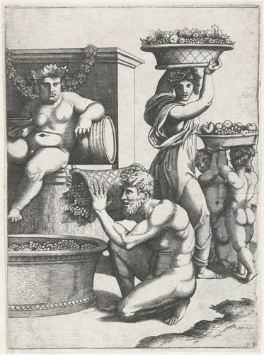 Bacchus kijkt toe hoe een man en vrouw en twee kinderen manden met druiven dragen voor de bereiding van wijn by anonymous, print, 1517-1570