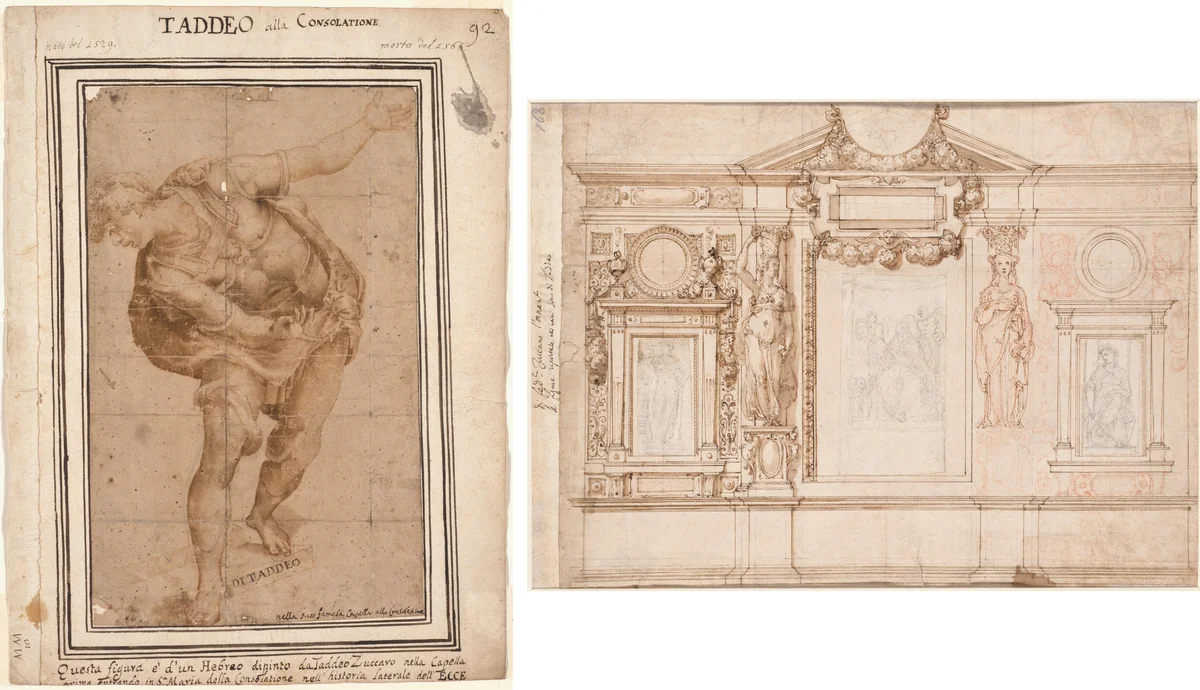 Un Hebreo, from Christ Shown to the People (recto); Design for a Wall Decoration with Pasted-in Sketches after Raphael (verso) by Frederico Zuccaro, drawing, 1556-1599