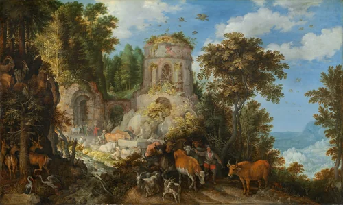 Landscape with the Flight into Egypt by Roelandt Savery, painting, 1624