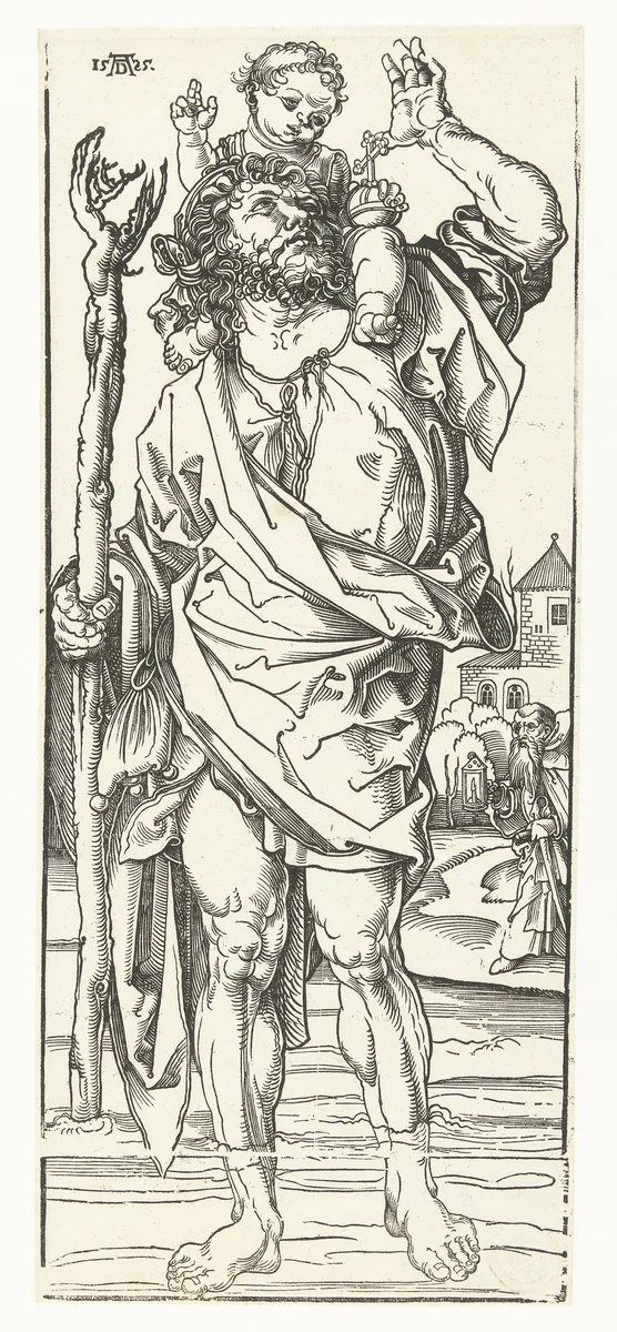 De Heilige Christoffel draagt het Christuskind by Unknown, print, 1525