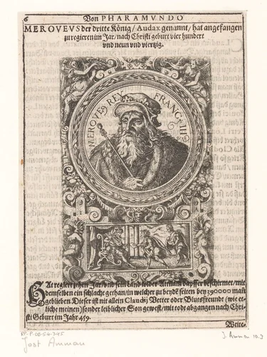Portret van Merovech, koning der Franken by Jost Amman, print, 1598