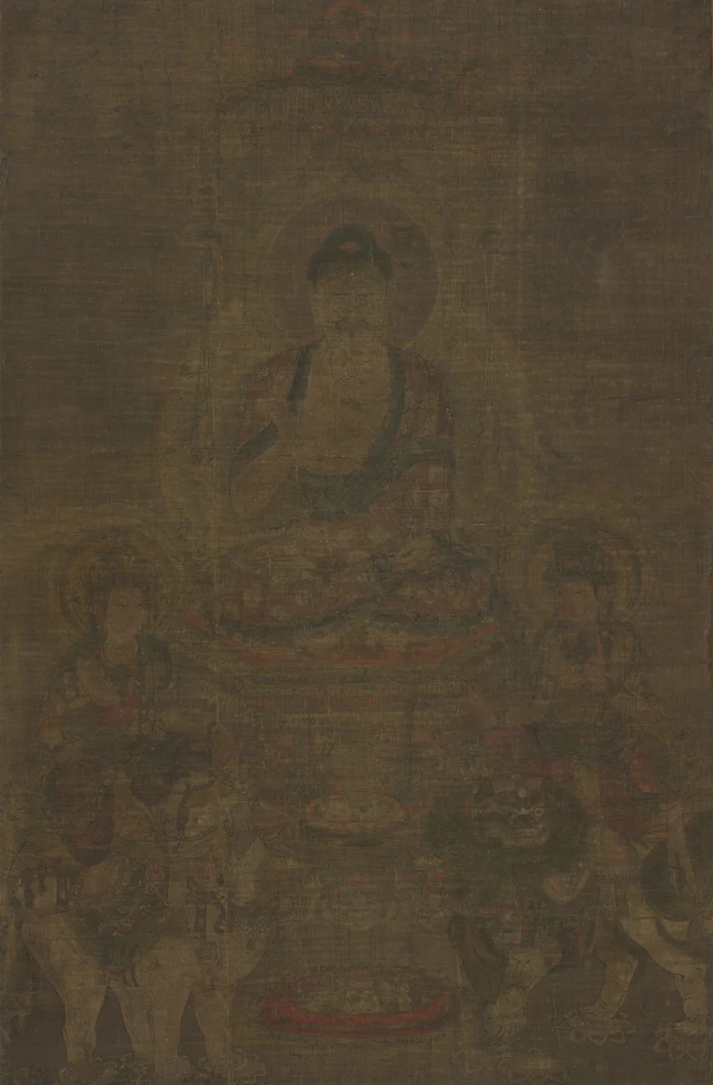 Shakyamuni Triad: Buddha Attended by Manjushri and Samantabhadra by Unknown, painting, 850-950