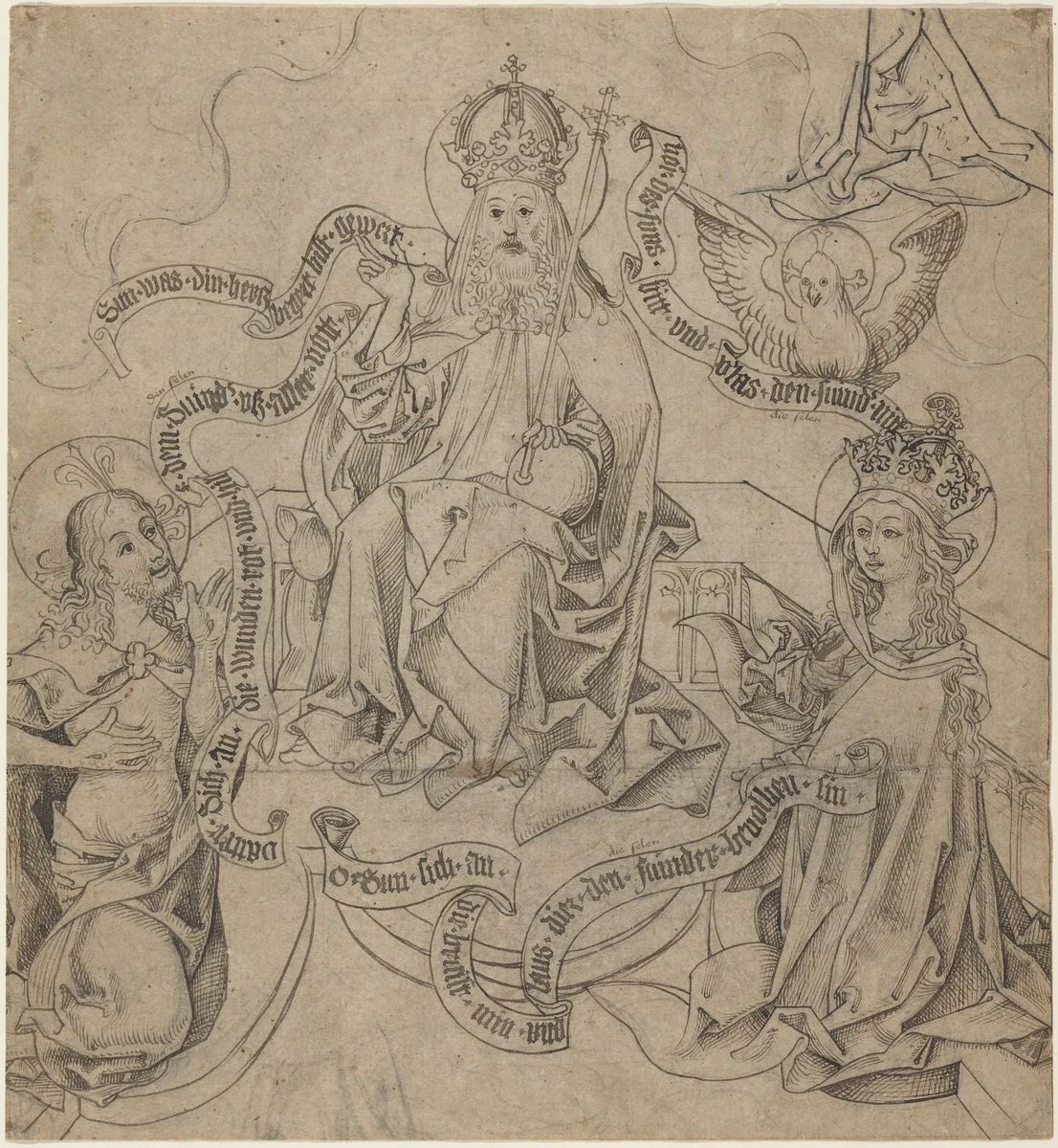 Christ and Mary Interceding with God the Father by German 15th Century, drawing, 1485