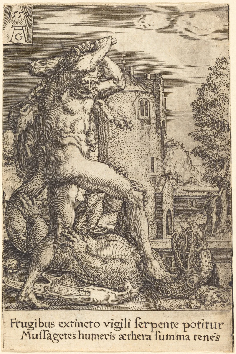 Hercules Slaying the Dragon by Heinrich Aldegrever, print, 1550