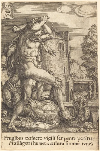 Hercules Slaying the Dragon by Heinrich Aldegrever, print, 1550