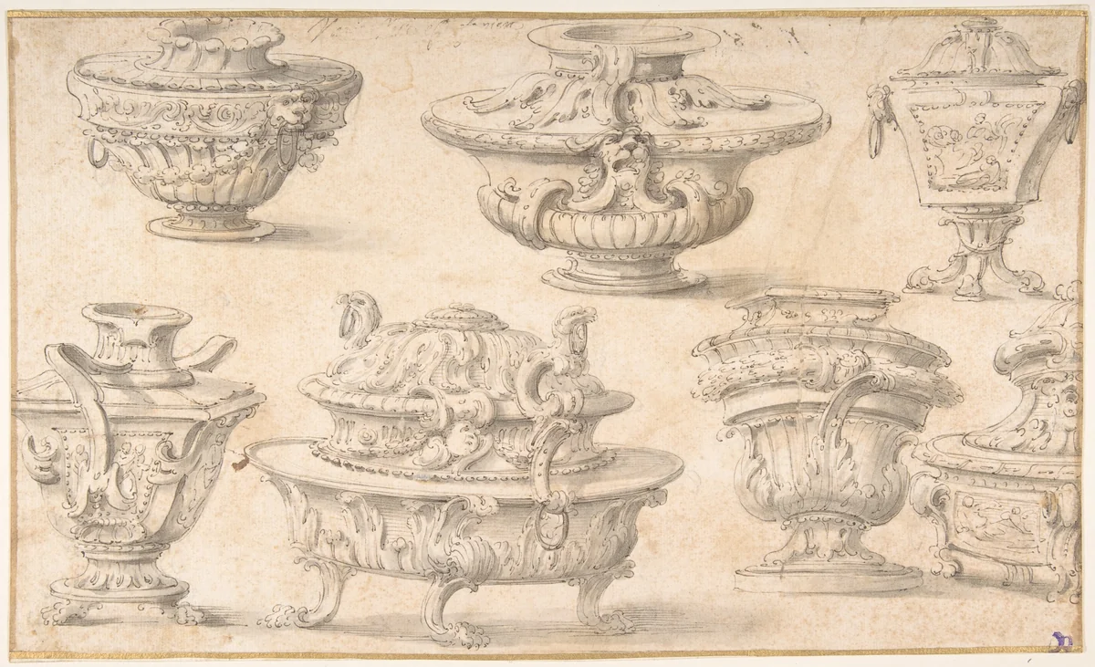 Seven Designs for Vases and Table Silver by anonymous, drawing, 1700-1800