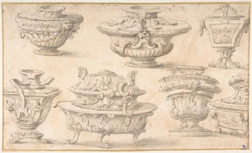 Seven Designs for Vases and Table Silver by anonymous, drawing, 1700-1800