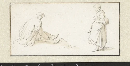 Zittende man en een staande vrouw by Herman Saftleven, drawing, 1619-1685