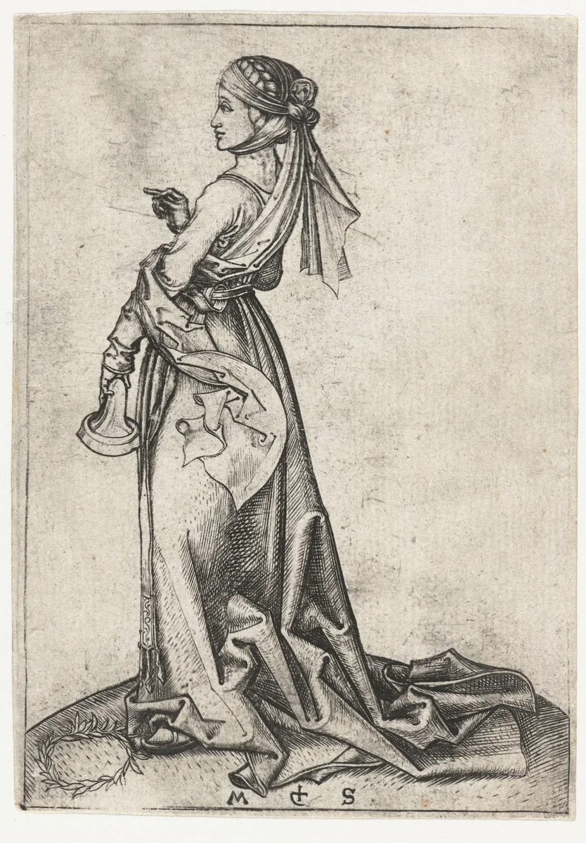 De eerste dwaze maagd by Unknown, print, 1470-1491