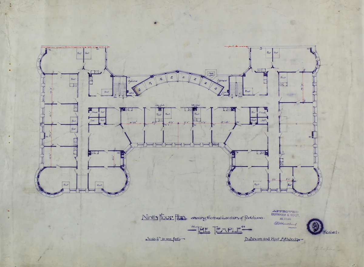Women's Temple Building, Chicago, Illinois, Ninth Floor Plan by Burnham and Root, drawing, 1891