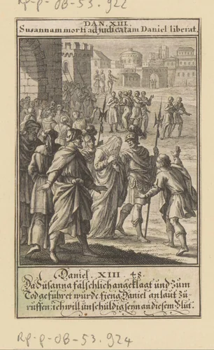 Daniël ontmaskert de ouderlingen als verraders by anonymous, print, 1697