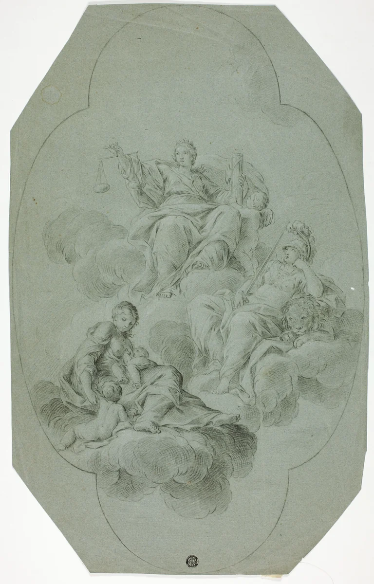Allegorical Ceiling Decoration with Justice, Charity, and Fortitude by Stefano Pozzi, drawing, 1727-1768
