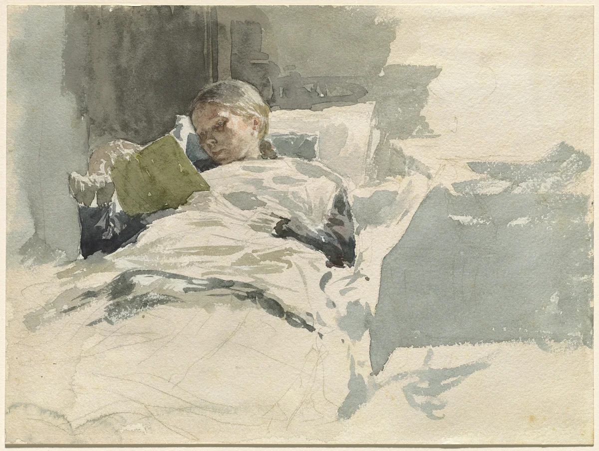 The Artist's Wife Reading in Bed by Leopold von Kalckreuth, drawing, 1885-1890