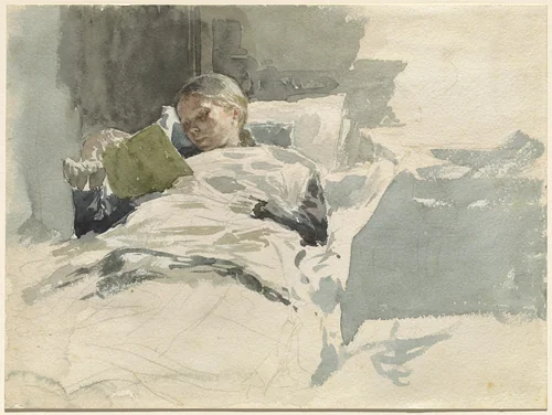 The Artist's Wife Reading in Bed by Leopold von Kalckreuth, drawing, 1885-1890