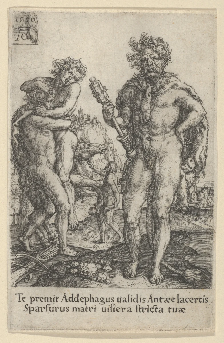 Hercules Squeezing Antaeus to Death, from The Labors of Hercules by Heinrich Aldegrever, print, 1550