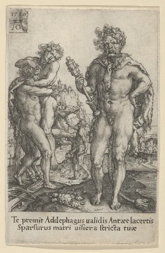 Hercules Squeezing Antaeus to Death, from The Labors of Hercules by Heinrich Aldegrever, print, 1550