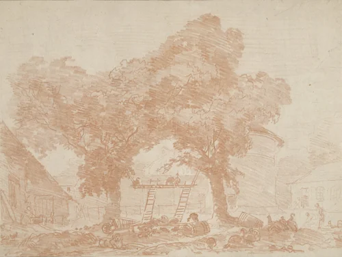 Boerenerf met twee bomen, waartussen ladders staan by Jean Honoré Fragonard, drawing, 1742-1806
